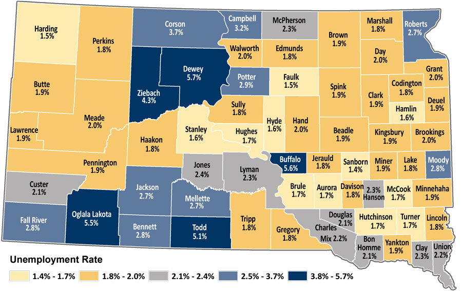 Map showing unemployment rates by county in South Dakota. The same data is available in table format at https://dlr.sd.gov/lmic/lbtables/countylf.aspx