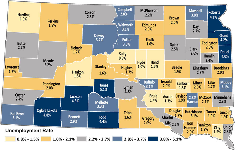 Map showing unemployment rates by county in South Dakota. The same data is available in table format at https://dlr.sd.gov/lmic/lbtables/countylf.aspx