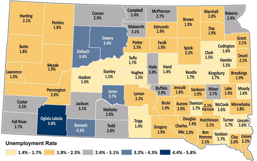 Map showing unemployment rates by county in South Dakota. The same data is available in table format at https://dlr.sd.gov/lmic/lbtables/countylf.aspx