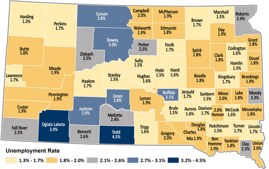Map showing unemployment rates by county in South Dakota. The same data is available in table format at https://dlr.sd.gov/lmic/lbtables/countylf.aspx
