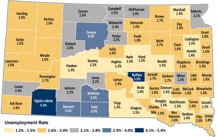 Map showing unemployment rates by county in South Dakota. The same data is available in table format at https://dlr.sd.gov/lmic/lbtables/countylf.aspx