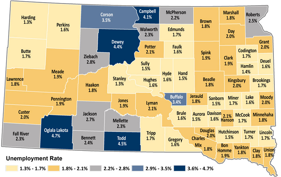 Map showing unemployment rates by county in South Dakota. The same data is available in table format at https://dlr.sd.gov/lmic/lbtables/countylf.aspx Map showing unemployment rates by county in South Dakota. The same data is available in table format at https://dlr.sd.gov/lmic/lbtables/countylf.aspx