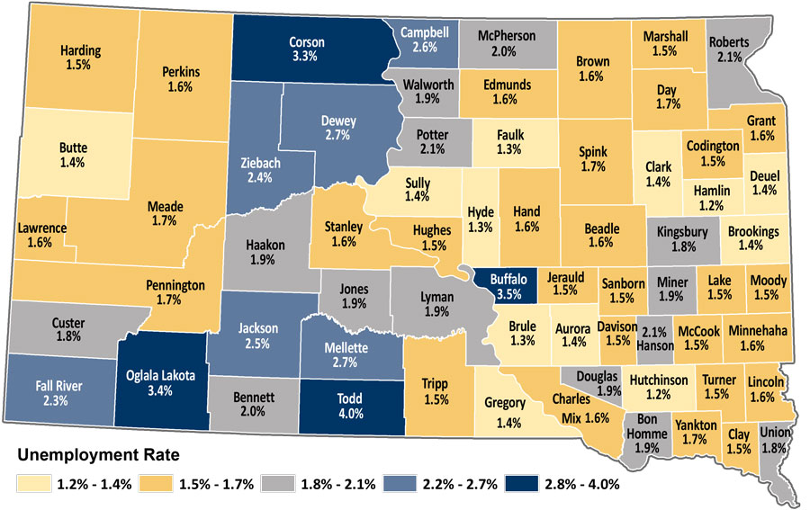 Map showing unemployment rates by county in South Dakota. The same data is available in table format at https://dlr.sd.gov/lmic/lbtables/countylf.aspx