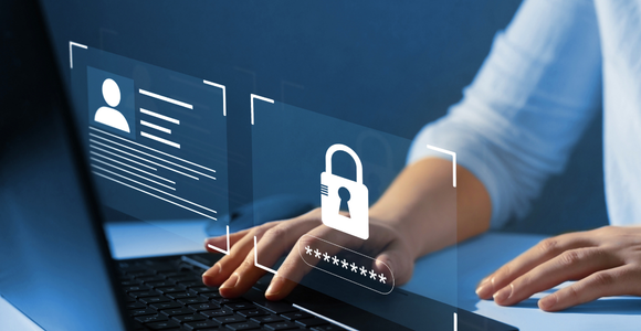 Person typing on a laptop with digital graphic overlays of an ID profile card, a padlock icon, and a password field.