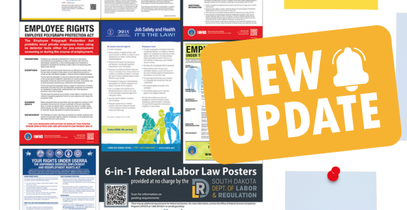 Image of Federal 6-in-1 Labor Law Posters on bulletin board, with text that says NEW UPDATE